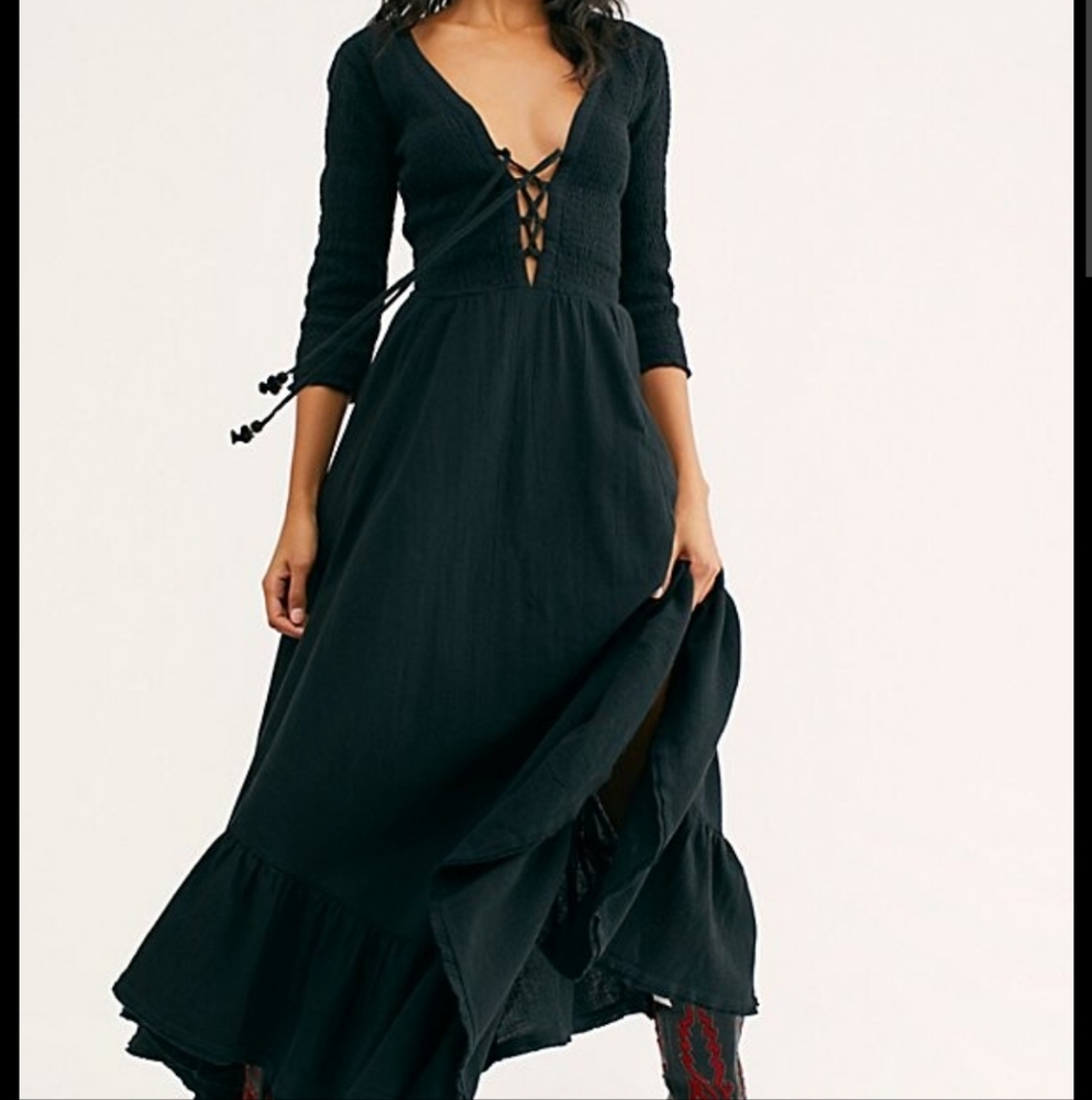Free People Perfect Solution Shirred Top W/ Lace Up Detail Maxi Dress